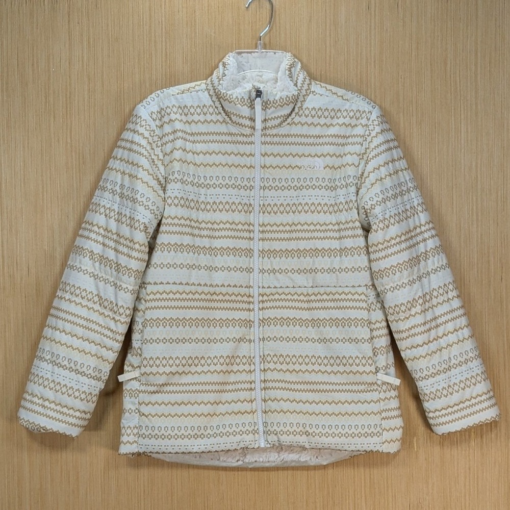 The North Face Girls XL 18 Reversible Mossbud Swirl Jacket Tan White Fair Isle